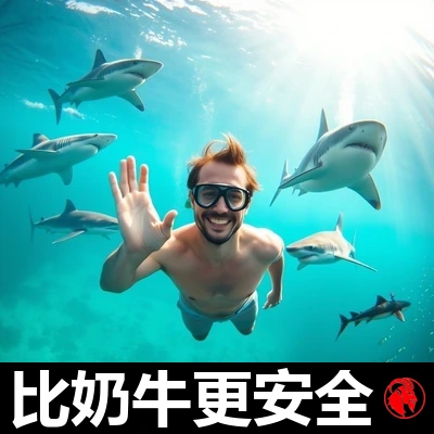 一个面带微笑、穿泳裤戴呼吸管的男人在水下安详漂浮，朝镜头挥手，周围环绕着五条不同种类的鲨鱼。字幕：比奶牛更安全。