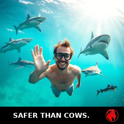 A smiling man in swim trunks and snorkel mask floats serenely underwater, waving at the camera, surrounded by five distinct sharks of various species. Caption: Safer than cows.