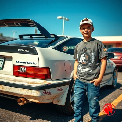 A teenage boy posing proudly next to his beat-up 1992 Honda Civic at a Cars and Coffee meet