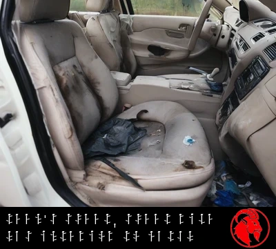 The trashed interior of a beat-up Honda Civic, worn stained cloth seats with ripped upholstery and trash on the floor, captioned: Teen's sweet, sweet ride has interior to match