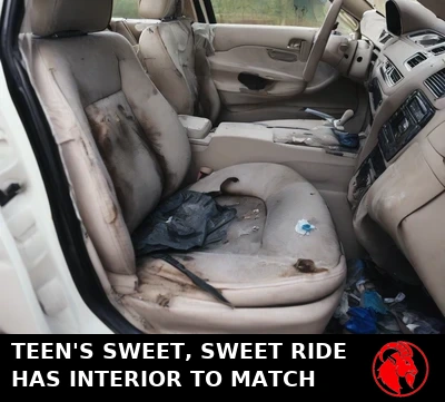 The trashed interior of a beat-up Honda Civic, worn stained cloth seats with ripped upholstery and trash on the floor, captioned: Teen's sweet, sweet ride has interior to match