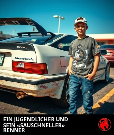 Ein stark gealterter Honda Civic von 1992 in einer Vorstadteinfahrt mit einem Temu-Heckflügel, der auf dem Kofferraum klebt, und JDM-Aufklebern über der Heckscheibe