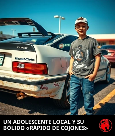 Un Honda Civic de 1992 muy envejecido en la entrada de una casa de barrio residencial, con un alerón de Temu pegado al maletero y pegatinas JDM por toda la luneta trasera