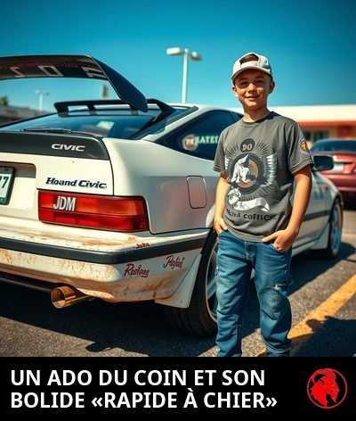 Une Honda Civic de 1992 très vieillie dans une allée de pavillon, avec un aileron Temu collé sur le coffre et des autocollants JDM en travers de la lunette arrière
