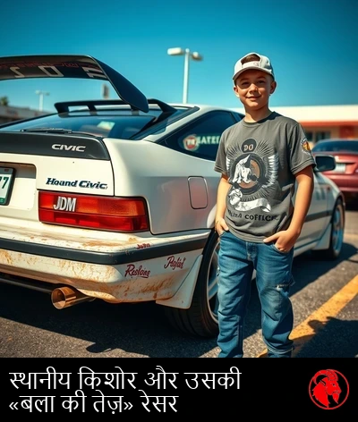 एक उपनगरीय ड्राइववे में खड़ी बेहद पुरानी 1992 की Honda Civic, जिसकी डिक्की पर Temu का विंग स्पॉइलर चिपका है और पिछली खिड़की पर JDM के स्टिकर लगे हैं
