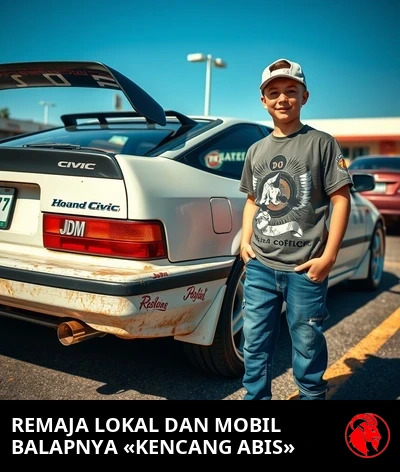 Sebuah Honda Civic 1992 yang sudah amat tua di jalan masuk rumah pinggiran kota, dengan sayap spoiler Temu yang ditempel di bagasi dan stiker JDM di sepanjang kaca belakang