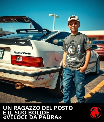 Una Honda Civic del 1992 pesantemente invecchiata in un vialetto di periferia, con un alettone Temu incollato sul bagagliaio e adesivi JDM sul lunotto posteriore