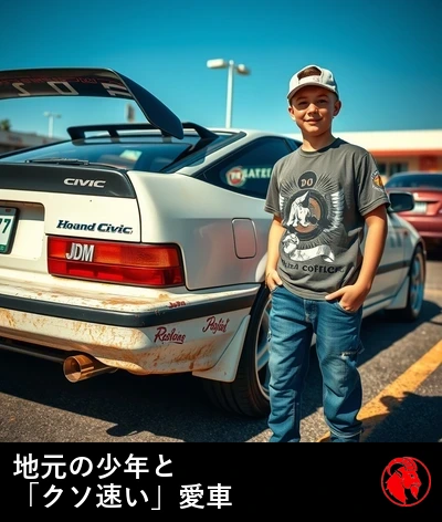 郊外の私道に置かれた、ひどく古びた1992年型ホンダ・シビック。トランクにはTemuのウイングスポイラーが貼り付けられ、リアウィンドウ一面にJDMのステッカーが貼られている