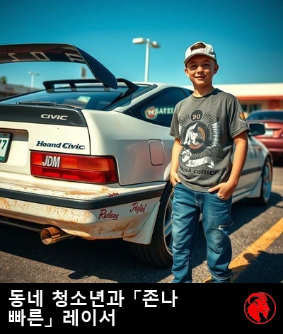 교외 진입로에 세워진, 심하게 낡은 1992년식 혼다 시빅. 트렁크에는 Temu에서 산 윙 스포일러가 붙어 있고 뒤 유리창 전면에는 JDM 스티커가 도배되어 있다