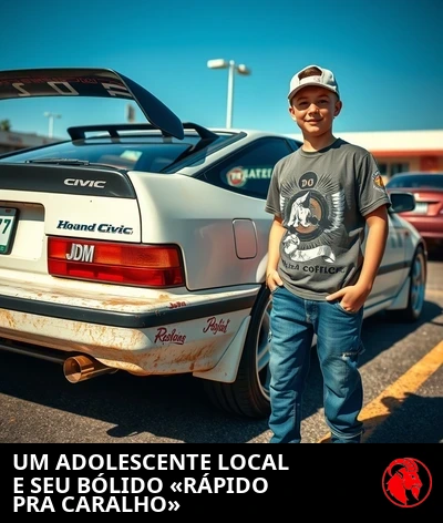 Um Honda Civic 1992 muito envelhecido numa garagem de subúrbio, com um aerofólio da Temu colado no porta-malas e adesivos JDM espalhados pelo vidro traseiro