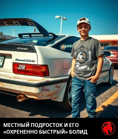 Сильно потрёпанная Honda Civic 1992 года на подъездной дорожке у дома в пригороде: на крышке багажника приклеено антикрыло с Temu, по заднему стеклу &mdash; наклейки JDM
