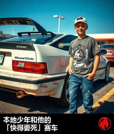 一辆破旧不堪的1992款本田思域停在郊区车道上，后备箱上贴着一块从Temu买来的尾翼，后窗上贴满了JDM贴纸
