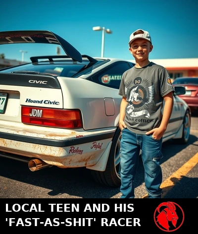 A heavily-aged 1992 Honda Civic in a suburban driveway with a Temu wing spoiler stuck to the trunk and JDM stickers across the rear window