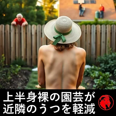 近隣住民がフェンスや2階の窓からトップレス園芸を眺める様子、ミームのキャプション：トップレス園芸が近隣のうつ病を下げる