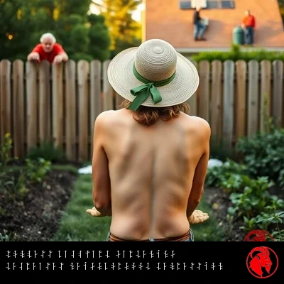 Neighbors observe topless gardening from fence and second-story windows