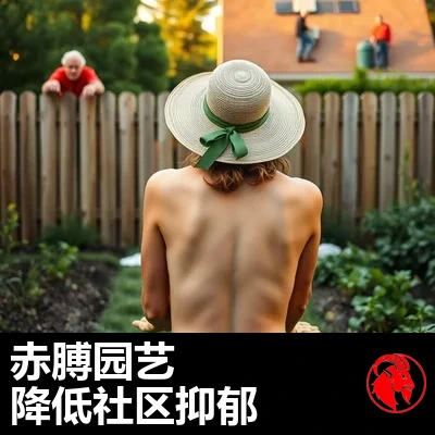 邻居们从围栏和二楼窗户张望赤膊园艺，迷因配文：赤膊园艺降低社区抑郁