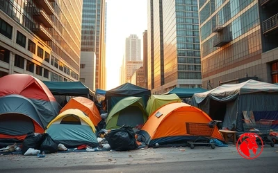 Tent encampment beneath downtown skyscrapers