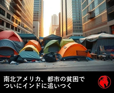 ダウンタウンの摩天楼の足元に広がるテントの野営地