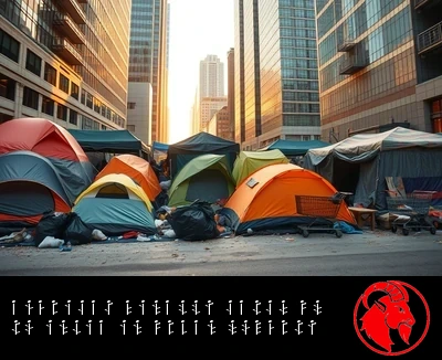 Tent encampment beneath downtown skyscrapers