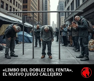 Personas sin hogar congeladas dobladas en la postura del pliegue opioide mientras una pasa por debajo de una barra baja de limbo y los espectadores aplauden