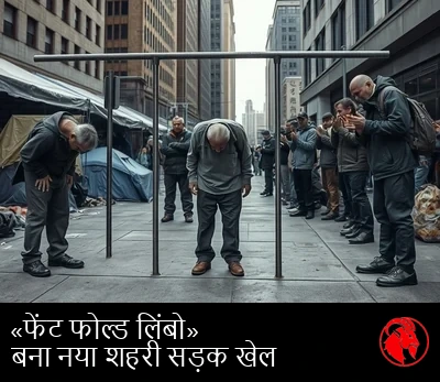बेघर लोग ओपिओइड-झुकाव की मुद्रा में दोहरे मुड़े हुए जमे खड़े हैं, जबकि एक व्यक्ति एक नीची लिंबो छड़ के नीचे से गुज़र रहा है और तमाशबीन तालियाँ बजा रहे हैं