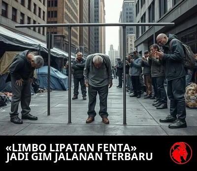 Para tunawisma membeku dalam posisi membungkuk-lipat akibat opioid sementara satu orang berdiri di bawah palang limbo yang rendah saat para penonton bersorak