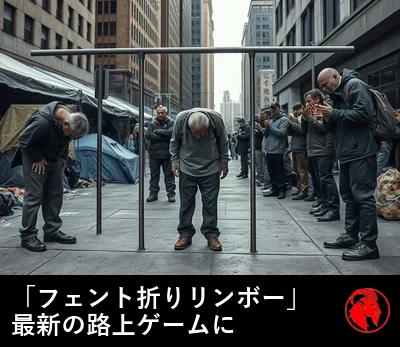 ホームレスの人々がオピオイドで前かがみに折れ曲がった姿勢のまま凍りつき、その一人が低いリンボーのバーの下をくぐろうとし、見物人たちが歓声を上げている