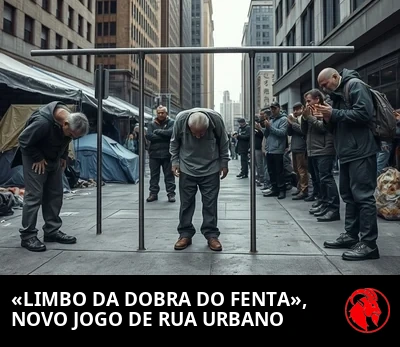 Pessoas em situação de rua congeladas, dobradas na postura típica dos opioides, enquanto uma delas passa sob uma barra baixa de limbo e os espectadores aplaudem