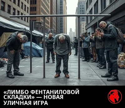 Бездомные застыли, согнувшись пополам в опиоидной позе, а один проходит под низкой планкой для лимбо под одобрительные крики зрителей
