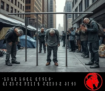 Homeless people frozen doubled-over in the opioid-fold posture while one stands beneath a low limbo bar as onlookers cheer