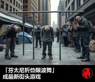 一群无家可归者保持着阿片类药物作用下那种身体对折前倾的姿势僵在原地，其中一人正从一根低矮的「林波舞」横杆下钻过，围观者纷纷喝彩
