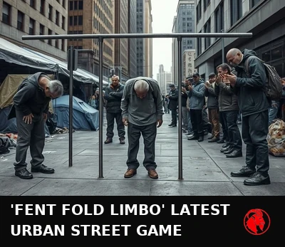 Homeless people frozen doubled-over in the opioid-fold posture while one stands beneath a low limbo bar as onlookers cheer