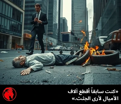 شخصٌ بلا حراك يرقد في مجرى الشارع بينما يتخطّاه رجل أعمال بربطة عنق، وقربه كومة صغيرة من إطارات السيّارات تحترق