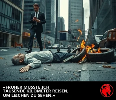 Eine reglose Gestalt liegt im Rinnstein, während ein Geschäftsmann im Anzug um sie herumtritt; in der Nähe brennt ein kleiner Haufen Autoreifen