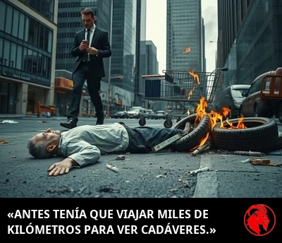 Una figura inmóvil yace en la cuneta mientras un hombre de negocios trajeado la esquiva, con un pequeño montón de neumáticos de coche ardiendo cerca