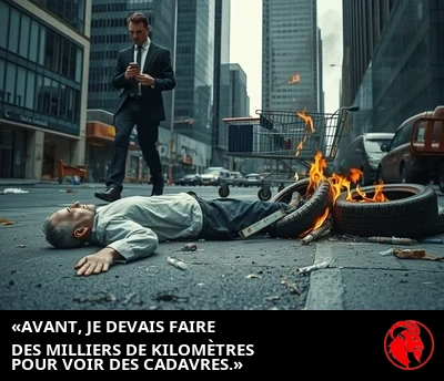 Une silhouette immobile gît dans le caniveau tandis qu'un homme d'affaires en costume la contourne, un petit tas de pneus de voiture brûlant à proximité