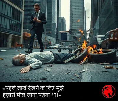 एक निश्चल पड़ी आकृति नाली में लेटी है जबकि सूट पहने एक कारोबारी उसे बचाकर निकल जाता है, पास ही कार के टायरों का एक छोटा ढेर जल रहा है