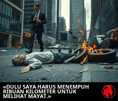 Sebuah sosok tak bergerak tergeletak di selokan sementara seorang pebisnis berjas melangkah menghindarinya, dengan tumpukan kecil ban mobil terbakar di dekatnya