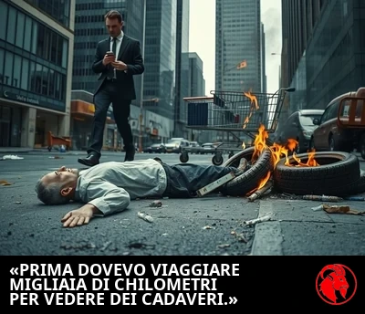 Una figura immobile giace nel rigagnolo mentre un uomo d'affari in giacca e cravatta la scavalca, con una piccola pila di pneumatici d'auto che brucia poco distante
