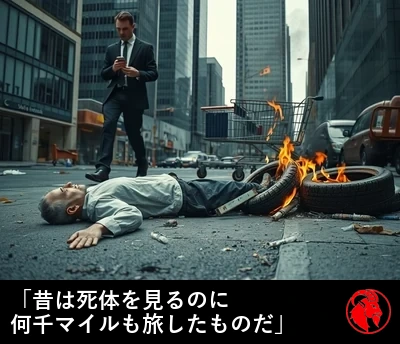 動かぬ人影が側溝に横たわり、スーツ姿のビジネスマンがそれを避けて歩く。すぐそばでは車のタイヤの小さな山が燃えている