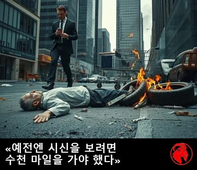 정장 차림의 한 사업가가 도랑에 미동도 없이 누운 형체를 비켜 지나가고, 그 곁에서 작은 자동차 타이어 더미가 불타고 있는 모습