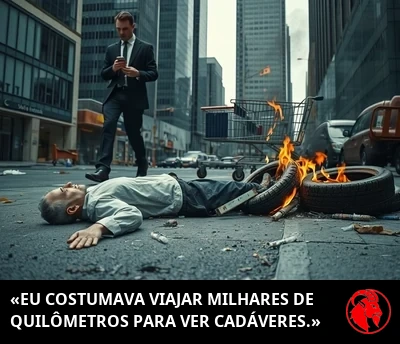 Uma figura imóvel jaz na sarjeta enquanto um empresário de terno a contorna, com uma pequena pilha de pneus de carro queimando ali perto
