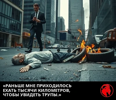 Неподвижная фигура лежит в придорожной канаве, а бизнесмен в костюме обходит её стороной; неподалёку догорает небольшая куча автомобильных покрышек
