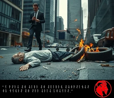 A motionless figure lies in the gutter as a suited businessman steps around it, a small pile of car tires burning nearby