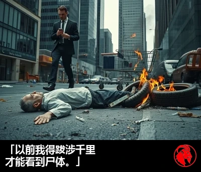 一个一动不动的身影躺在街边水沟里，一名西装革履的商人绕开他走过，旁边一小堆汽车轮胎正在燃烧