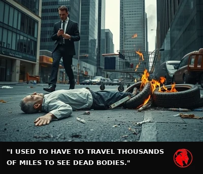 A motionless figure lies in the gutter as a suited businessman steps around it, a small pile of car tires burning nearby