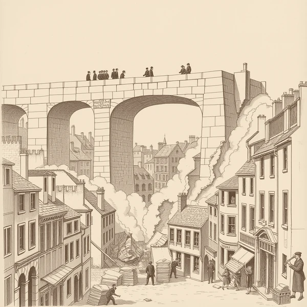 19th-century engraving in sepia line work: a grand stone viaduct overpass spans the top of the image with wealthy figures in top hats walking along it; below, working-class tenement buildings are being demolished, smoke rising from the destruction; displaced figures stand in the street in the foreground