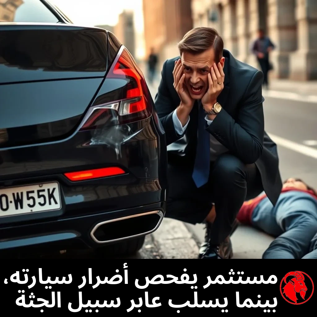 مستثمر ثري ببذلة كحلية داكنة، يمسك رأسه بيديه في حالة كرب، جاثياً قرب مؤخّرة سيارة سيدان فاخرة عليها انبعاج صغير في المصدّ. إلى جانبه على الرصيف يرقد شخص بملابس عادية، لا يأبه به أحد. التعليق: مستثمر يفحص أضرار سيارته، بينما عابر سبيل يسلب الجثة.
