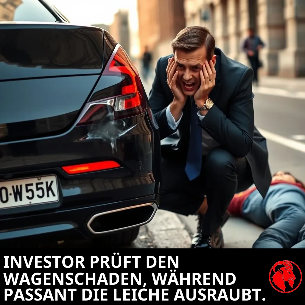 Ein wohlhabender Investor in dunkelblauem Anzug, die Hände verzweifelt an den Kopf geschlagen, kniet am Heck einer Luxuslimousine mit einer kleinen Delle in der Stoßstange. Daneben liegt auf dem Bürgersteig eine leger gekleidete Person, ignoriert. Bildunterschrift: Investor begutachtet den Fahrzeugschaden, während ein Passant die Leiche ausraubt.