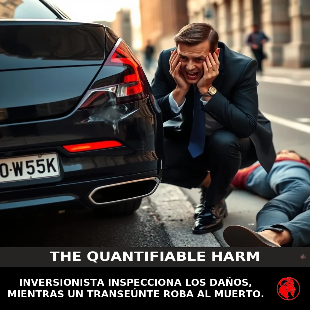A wealthy investor in a dark navy suit, hands clutching his head in distress, kneels by the rear of a luxury sedan with a small dent on the bumper. A casually-dressed person lies on the pavement beside him, ignored. Caption: Investor inspects vehicle damage, while passerby robs dead body.